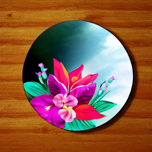 Prompt: a blank cd, reflecting tropical flowers