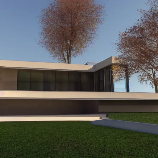 Prompt: a photorealistic house by frank loyd wright, brutalism, concrete, bauhaus, 4k