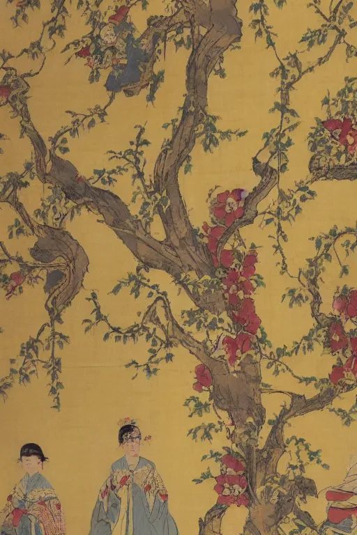 Prompt: an asian woman emerges from 1 9 th century yellow wallpaper decorated with sensual feminine faces by charles walter stetson