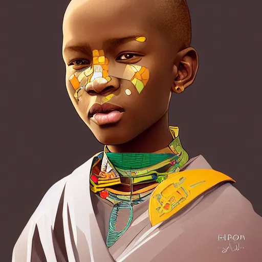 Image similar to colourful upper half portrait of an african boy with sliver teeth grillz, art by hsiao - ron cheng & alphonse mucha, highly detailed, digital painting, ray tracing, concept art, illustration, smooth sharp focus, intricate, symmetry, artstation,