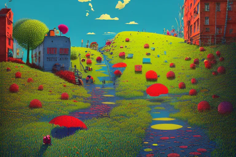 Image similar to midjourney, summer morning, very coherent and colorful high contrast, art by!!!! gediminas pranckevicius!!!!, geof darrow, floralpunk screen printing woodblock, dark shadows, hard lighting, stipple brush technique,