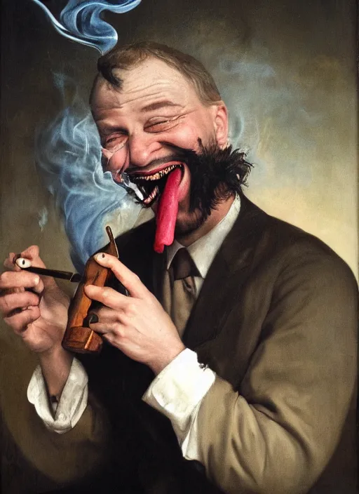 Image similar to Portrait of Duncan Trussel laughing demonically while smoking a pipe. Disturbing