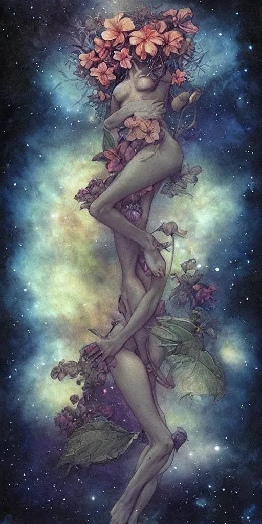 Image similar to tropical flowers, night sky background, nebula, beautiful! coherent! by brom, by brian froud, deep color, strong line, high contrast