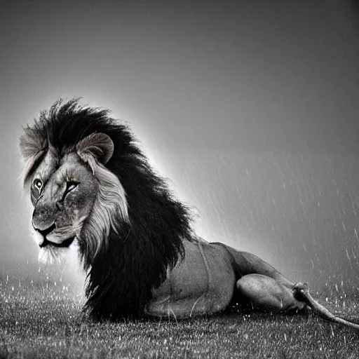 Prompt: lion, close up, in the rain, by benoit drigny