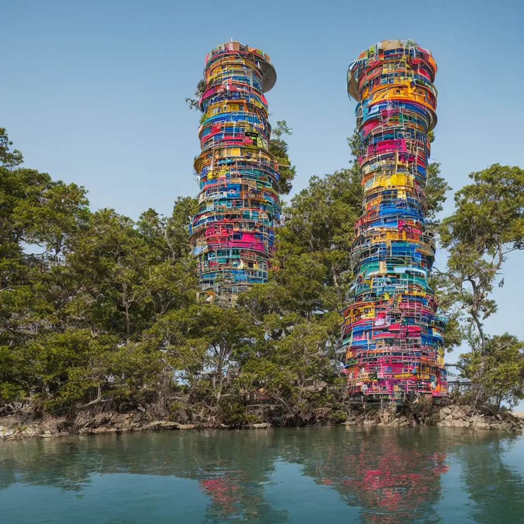 Prompt: a circular tower, made up of colourful makeshift squatter shacks suspended over water, dystopia, sony a 7 r 3, f 1 1, fully frontal view, ultra detailed, photographed by hiroshi sugimoto,