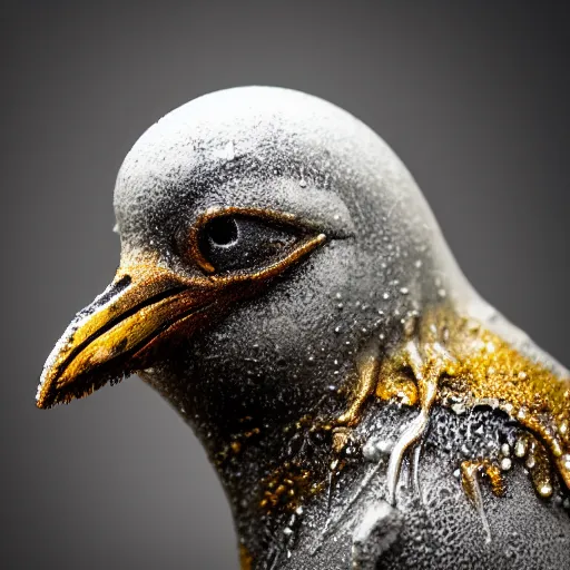 Image similar to photo taken of an epic intricate, ultra detailed, super realistic gritty, wet, lifelike sculpture of a ghoulish cyborg penguin created by weta workshop, zoomed in shots, sublime subsurface scattering, photorealistic, sharp focus, white wall coloured workshop, desaturated, cold colour temperture, f 0. 4, face centred, golden ratio, golden hour