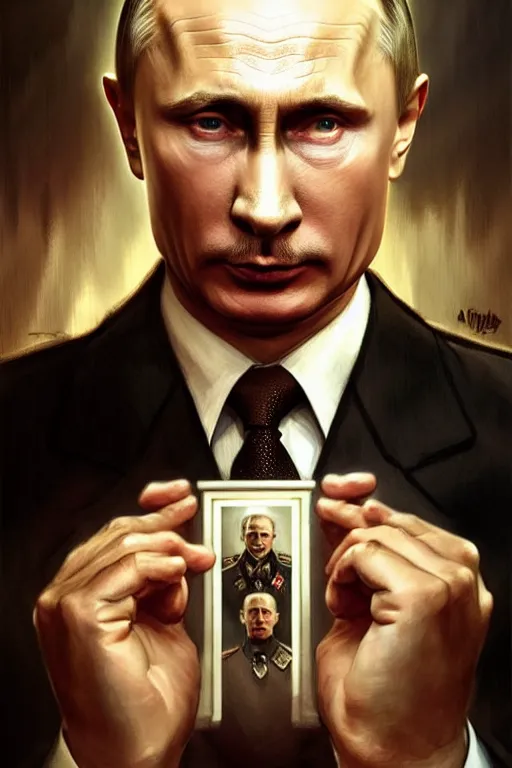 Image similar to vladimir putin playing hitler in a movie, realistic portrait, symmetrical, highly detailed, digital painting, artstation, concept art, smooth, sharp focus, illustration, cinematic lighting, art by artgerm and greg rutkowski and alphonse mucha