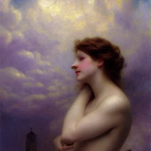 Image similar to A beautiful body art of a castle in the clouds. pale violet by Thomas Benjamin Kennington turbulent, harrowing