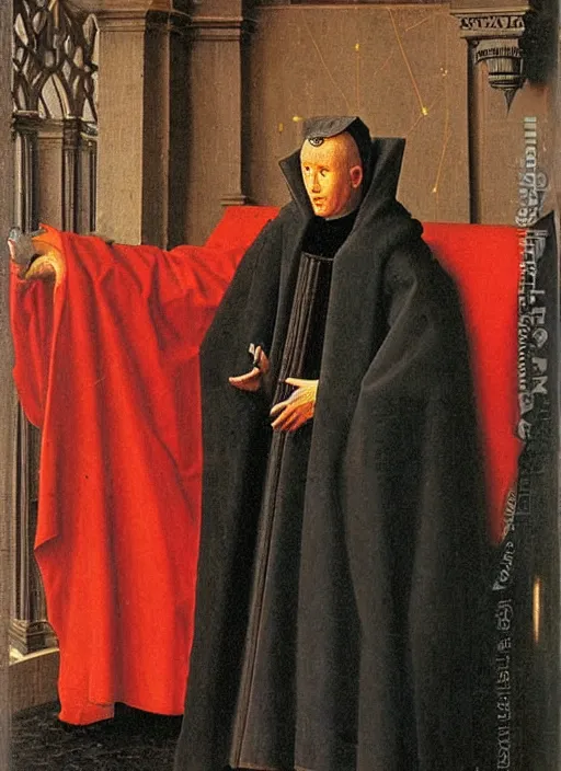 Image similar to a cyberpunk priest by Jan van Eyck