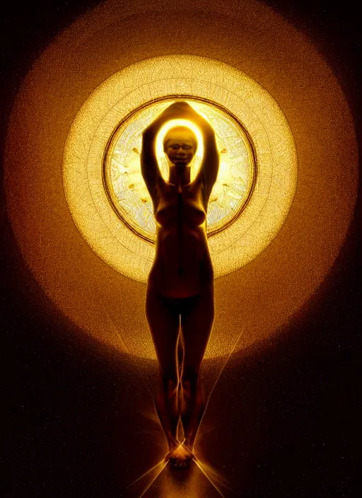 Image similar to magical birth of a human, sacral geometry, highly detailed, magic, space, epic, absolute symmetric, ring of light, by leonardo da vinci, volumetric lighting, beautiful, golden hour, sharp focus, ultra detailed, cgsociety by leesha hannigan, ross tran, thierry doizon, kai carpenter, ignacio fernandez rios, noir photorealism, film