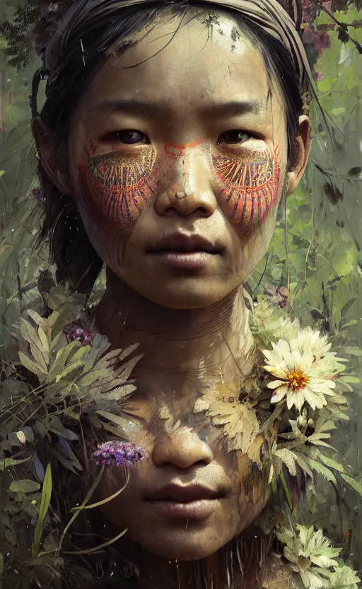 Image similar to detailed portrait of a tribal woman with asian eyes and thick lip forest girl, flowers and trees, by ismail inceoglu dragan bibin hans thoma greg rutkowski alexandros pyromallis nekro rene maritte illustrated, perfect face, fine details, realistic shaded, fine - face, pretty face