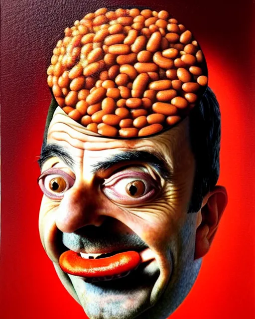 Image similar to portrait of mr bean's face in a bowl full of baked beans, face covered in beans and tomato sauce, baked beans covering his eyes, a pile of baked beans on his head, his mouth wide open and full of baked beans, overflowing with baked beans, muted colors, surrealist oil painting, highly detailed