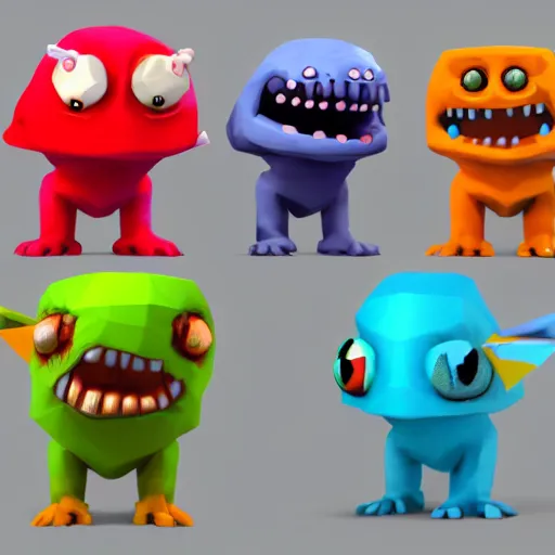 Prompt: cute monster, colourful, enemy of drawves, underground mine, 3d render, low poly, video game, concept character, E3