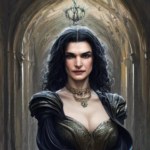 Image similar to a portrait of rachel weisz as a sorceress, urban motifs, intricate, elegant, highly detailed, digital painting, trending on artstation, concept art, smooth sharp focus, illustration, art by artgerm and greg rutkowski