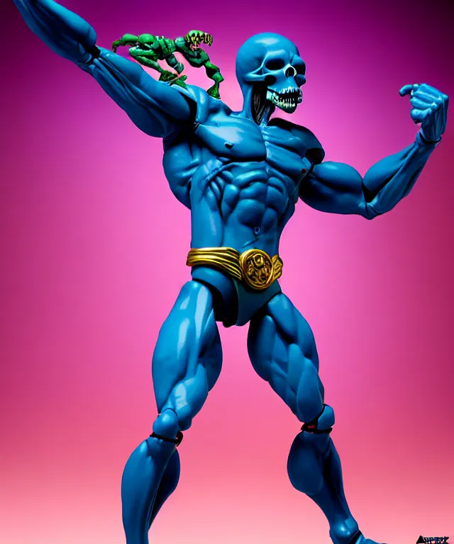 Prompt: hyperrealistic rendering, skeletor, by art of skinner and richard corben and jeff easley, product photography, action figure, sofubi, studio lighting, colored gels