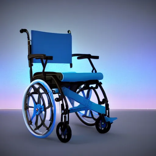 Image similar to a 3d render of a vaporwave wheelchair, ultra detailed, realism, 8k, octane render, unreal engine