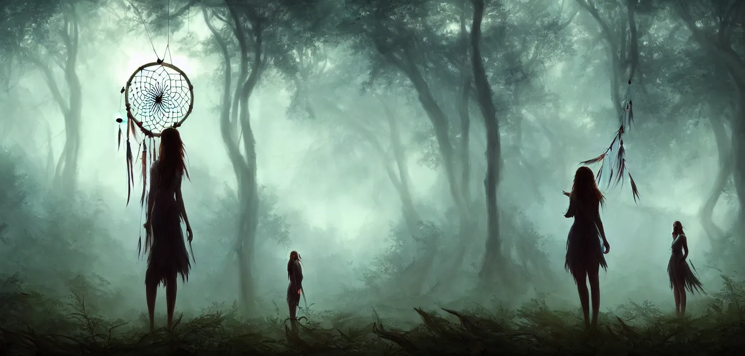 Prompt: woman standing and looking at the dreamcatcher hanging from the trees in the mysterious forest, cinematic view, epic sky, detailed, concept art, low angle, high detail, warm lighting, volumetric, godrays, vivid, beautiful, trending on artstation, by jordan grimmer, huge scene, grass, art greg rutkowski