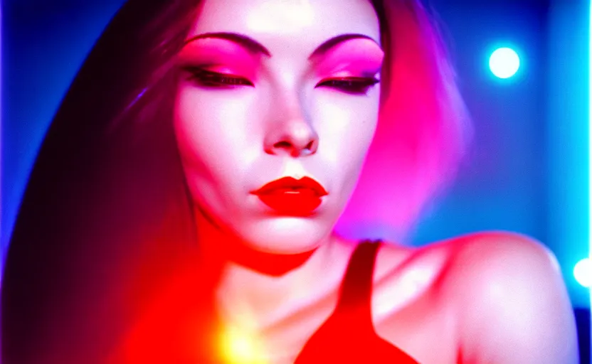 Image similar to medium shot, photograph of alluring futuristic female cyborg looking into camera, eye closed, red lipstick, sharp focus, 35 mm kodak ektachrome, chromatic abberations, f/1.2 H 1216