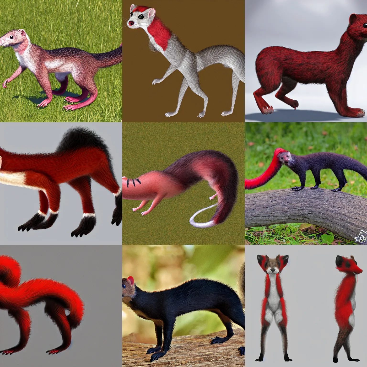 Prompt: photorealistic male body weasel furred redblack fursona, attached tail
