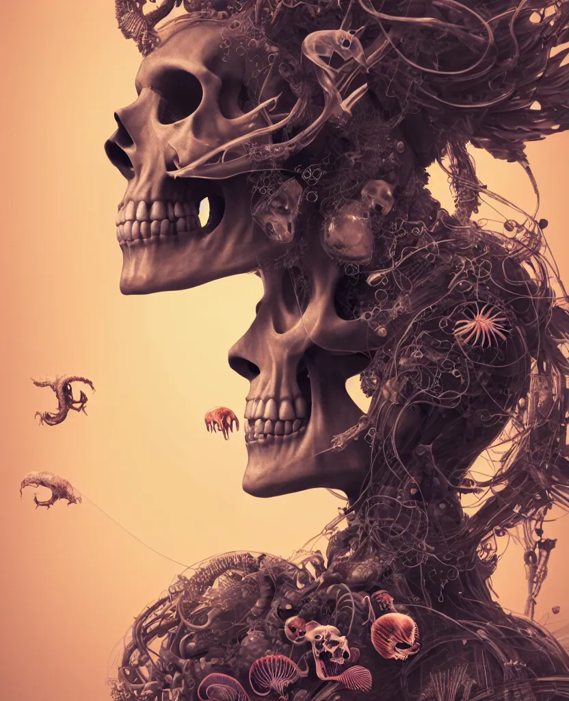 Image similar to goddess close-up portrait skull with mohawk, ram skull, skeleton, thorax, x-ray, backbone, jellyfish phoenix head, nautilus, orchid, skull, betta fish, bioluminiscent creatures, intricate artwork by Tooth Wu and wlop and beeple. octane render, trending on artstation, greg rutkowski very coherent symmetrical artwork. cinematic, hyper realism, high detail, octane render, 8k