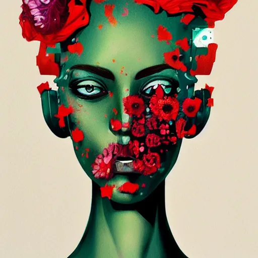 Image similar to surreal gouache paintingby conrad roset, female mechanical android head with flowers growing out, portrait, cgsociety, artstation, rococo mechanical costume and grand headpiece,