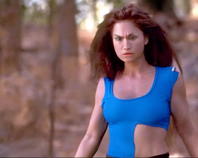 Prompt: a still of full body Sarah Bryant in her blue body suit, of Virtua Figther, in the movie Hard Target (1993), HDR, high quality, 8k, highly detailed and intricate,