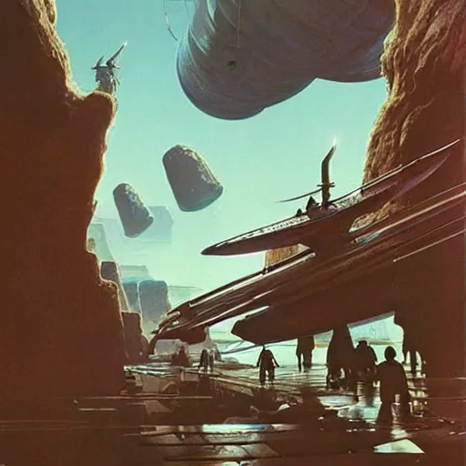 Prompt: group of nomads travelling on an alien world, cinematic lighting, science - fiction, detailed, matte painting, syd mead, john harris,