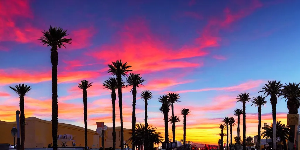 Image similar to sunset on las vegas, tetrachromacy, professional photo, landscape, dark, stunning sky, low horizon, award winning, colorful sky