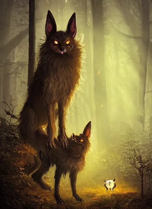 Image similar to a ominous furry creature with long twisted ears standing in a forest, yellow glowing eyes, dark fantasy, michael kutsche, concept art, beautiful lighting