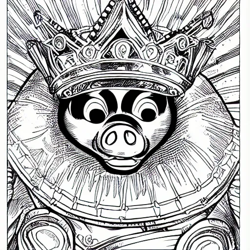 Image similar to detailed lineart comic book drawing of grinning pig wearing a gold crown flying with a cape in the style of jim lee