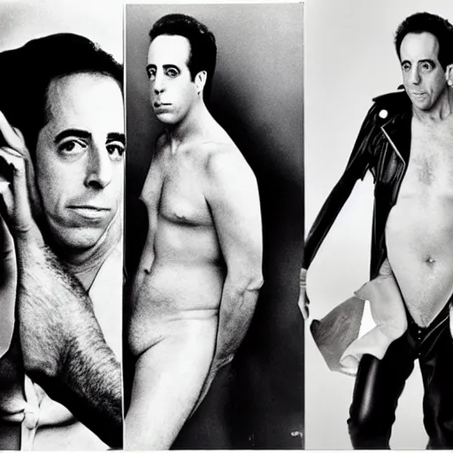 Prompt: Jerry Seinfeld wearing a leather outfit, portrait, are bure boke, by Annie Liebovitz, Daido Moriyama, Richard Avedon