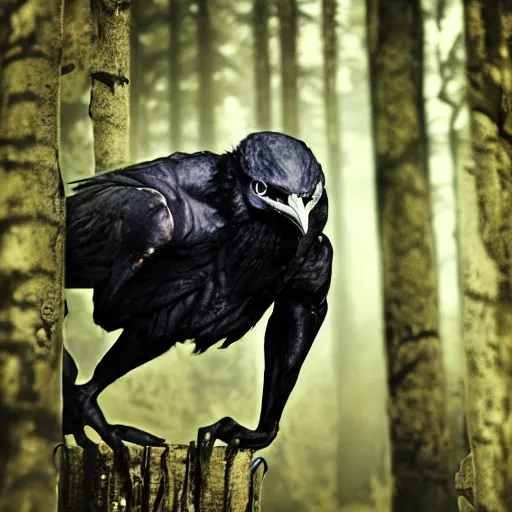 Image similar to werecreature mixture of human and crow, photograph captured in a forest