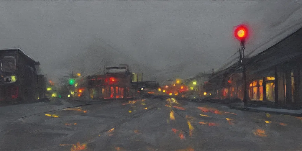 Image similar to painterly, messy, ominous 'jon hale'!! landscape of north bend, washington main street, dark, lonely!! stop light glowing, 'twin peaks'!, lone dark figure, paint streaks, visible paint texture