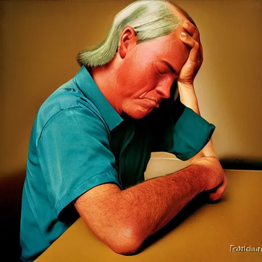 Prompt: the office worker sits at his desk with his arms around his head and cries, photorealistic, by Frans Lanting