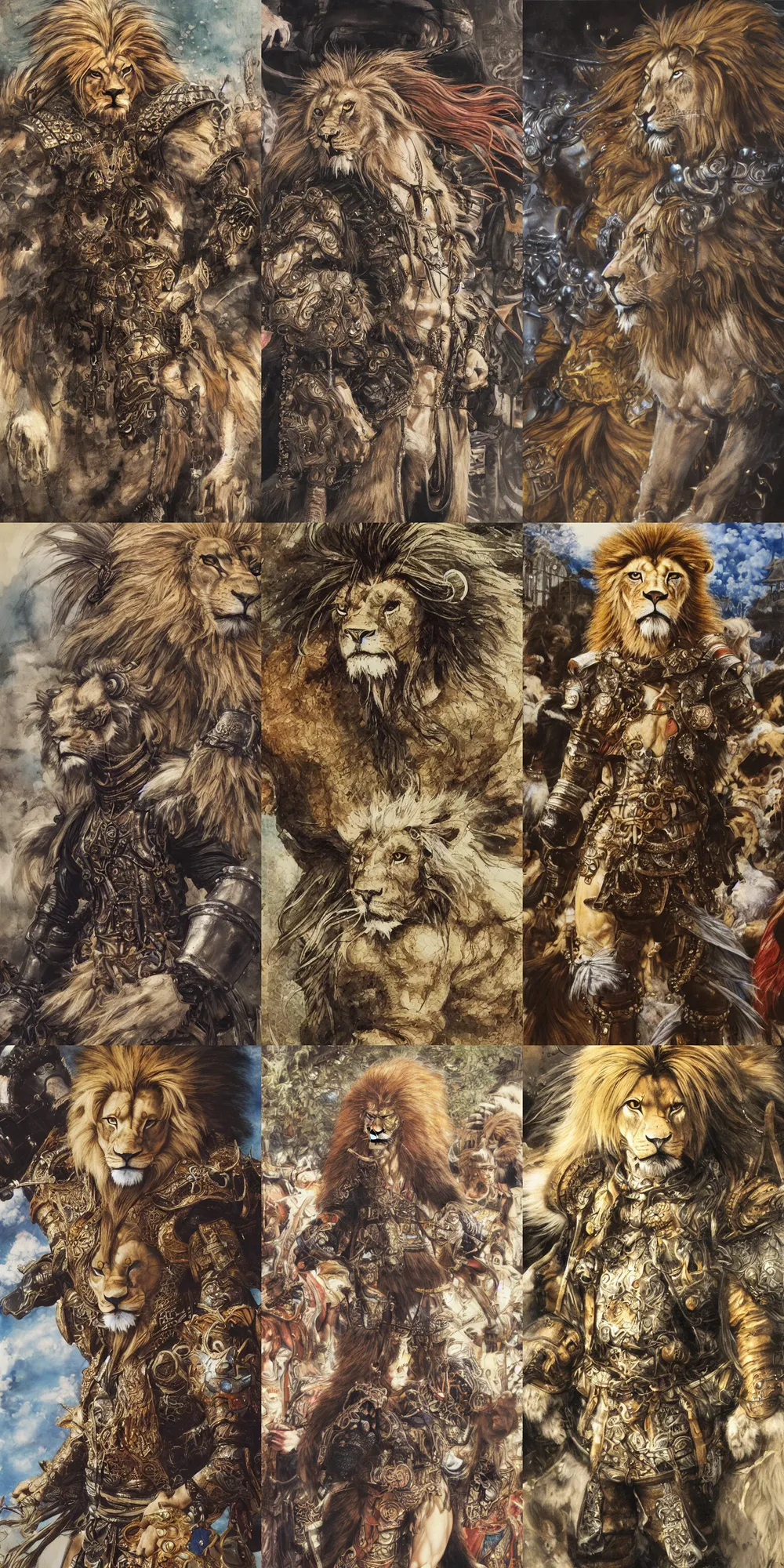 Image similar to 8 k yoshitaka amano painting of upper body of a young cool looking lion beastman with white mane at a medieval market at windy day. depth of field. he is wearing complex fantasy clothing. he has huge paws. renaissance style lighting.