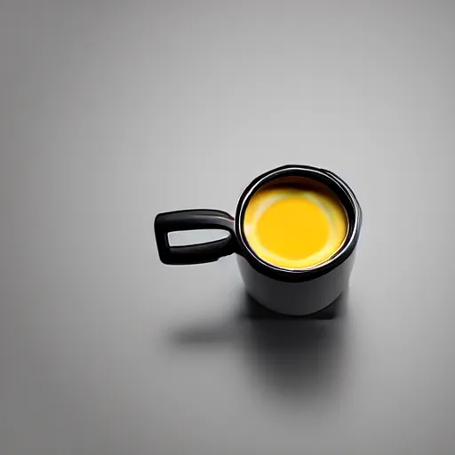 Image similar to yellow coffee mug is made of aluminium, steamy coffee on mug, mug looks similar to a rimowa portmanteau with handle