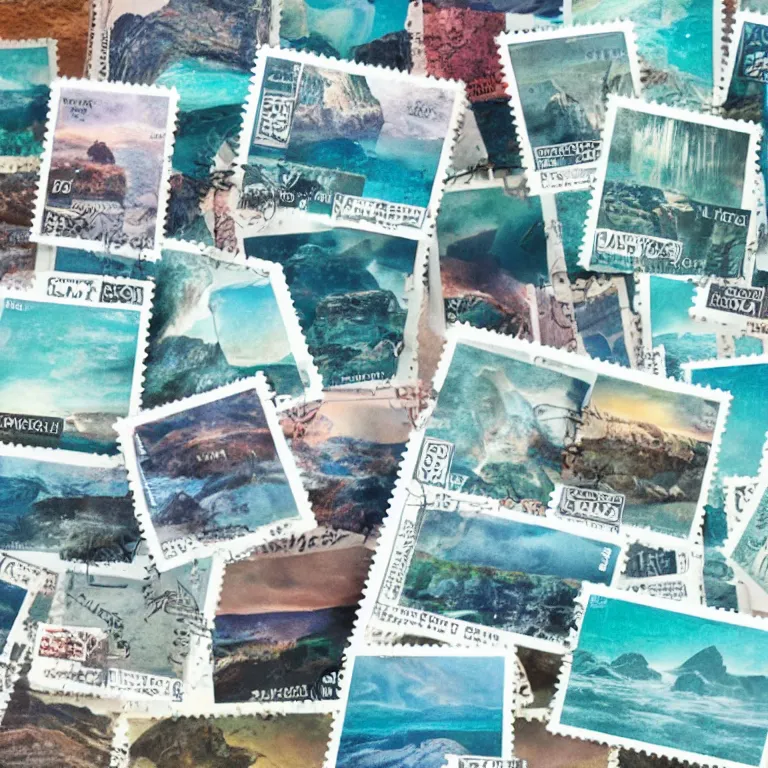 Prompt: stamps of a turquoise canyon, film, soft lighting, album art