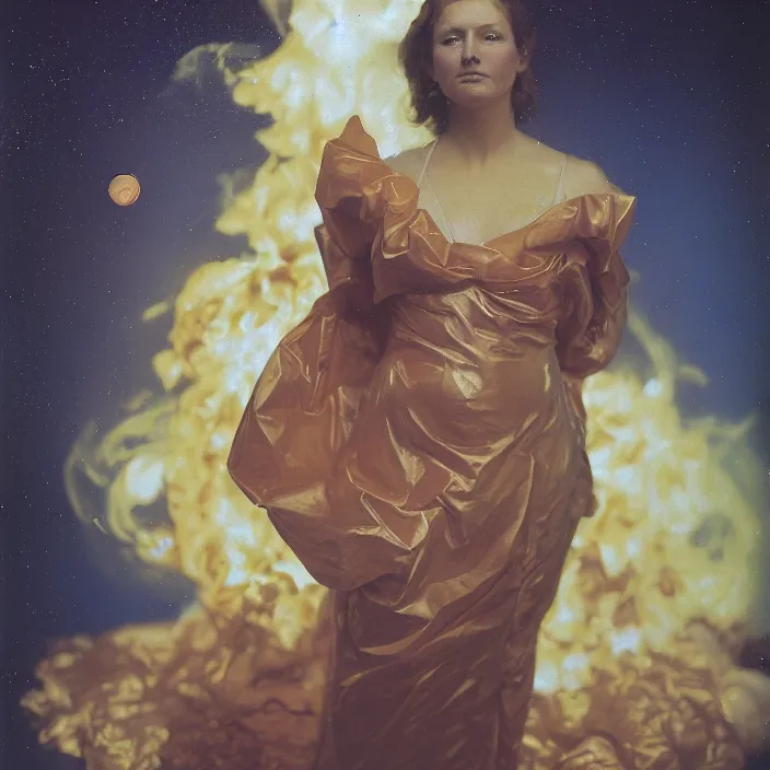 Prompt: a closeup portrait of a woman wrapped in plastic, standing in front of jupiter on fire, color photograph, by vincent desiderio, canon eos c 3 0 0, ƒ 1. 8, 3 5 mm, 8 k, medium - format print