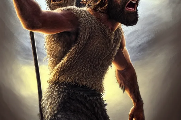 Prompt: photorealistic full body portrait of a gruff biblical ranger with a wolf, lean and toned, handsome face, hairy chest and hairy body, D&D, intricate, elegant, highly detailed, digital painting, artstation, concept art, matte, sharp focus, chiaroscuro, well lit, illustration, art by Artgerm and Greg Rutkowski and Alphonse Mucha