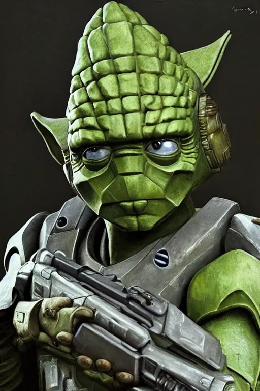 Image similar to master chief playing yoda in the new star wars movie, oil on canvas, intricate, portrait, 8 k highly professionally detailed, hdr, cgsociety