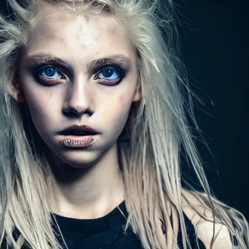 Image similar to A gorgeous blonde, grungy, unkept hair, glowing eyes, modelsociety, wet from rain, radiant skin, huge anime eyes, bright on black, dramatic, studio lighting, perfect face, intricate, Sony a7R IV, symmetric balance, polarizing filter, Photolab, Lightroom, 4K, Dolby Vision, Photography Award