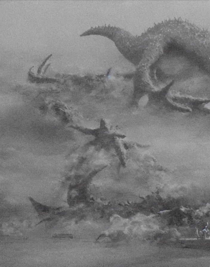 Image similar to a filmstill of a north korean monster movie, kaiju - eiga monster starfish - like trampling a traditional korean palace, foggy, film noir, urban epic battle, etheral, explosions, communist starfish, thriller, by akira kurosawa and wachowskis, video compression