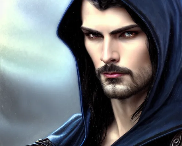 Image similar to handsome male face portrait, long black hair blue eyes wearing leather mantle gothic navy cloak with leather details, cliffside town, fantasy character portrait, ultrarealistic, intricate details, elegant, cinematic lighting, highly detailed, artstation, d & d art, cgsociety, sharp focus, beautiful digital painting by artgerm, gerald brom, wlop, alphonse mucha