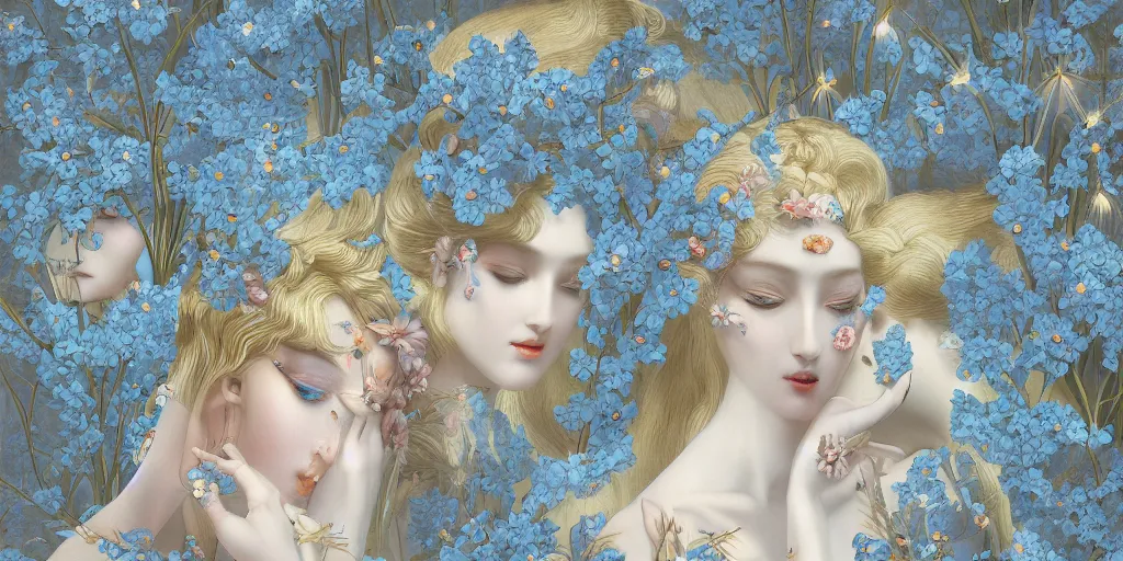 Image similar to breathtaking detailed concept art painting art deco pattern of blonde faces goddesses amalmation light - blue flowers with anxious piercing eyes and blend of flowers and birds, by hsiao - ron cheng and john james audubon, bizarre compositions, exquisite detail, extremely moody lighting, 8 k