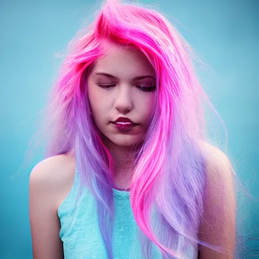 Image similar to a melanchonic photo of a beautiful young woman with cotton candy hair. with a little bit of cyan and pink