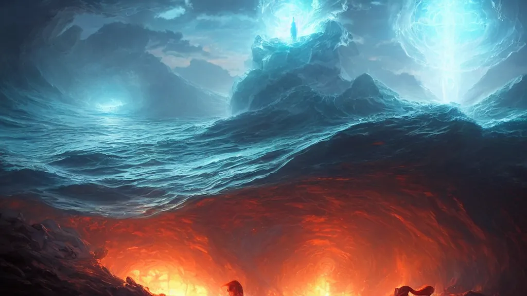 Prompt: a magical portal with glowing runes made of pure energy is opening at the surface of the ocean, dramatic lighting, dynamic lighting, cinematic lighting, by krenz cushart and artgerm, unreal engine, featured on artstation