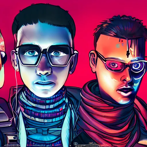 Prompt: portrait of three cyberpunk gang members