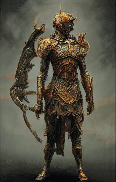 Prompt: thunder overlordconcept, wearing thunder armor, ancient greek ornamented armor, beksinski, weta workshop concept art