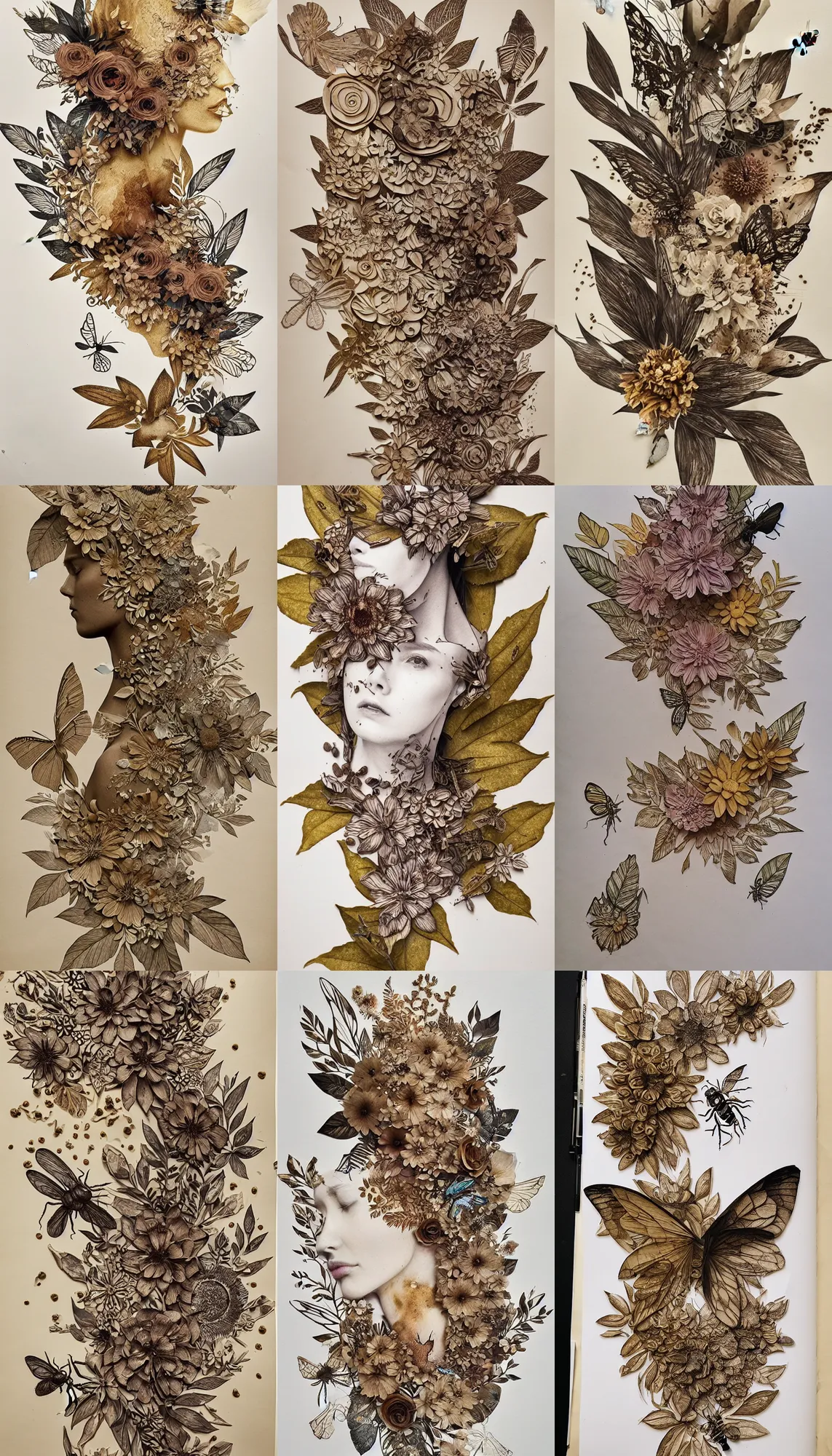 Prompt: 3 d rendered cut outs of florals and insects glued on top of partly hidden alluring face, ink en pen intricate foliage filling the page up, coffee stains in the background, golden ratio, mixed media, hyperrealistic, unreal engine