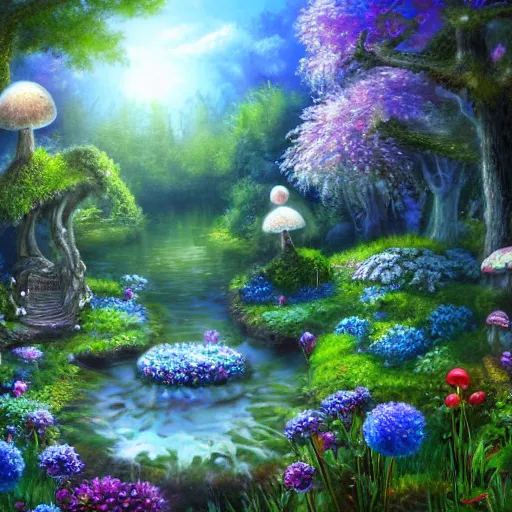 Prompt: secret garden in forest with flowers, toadstools, and pond, detailed airbrushed magical realism landscape painting 4 k